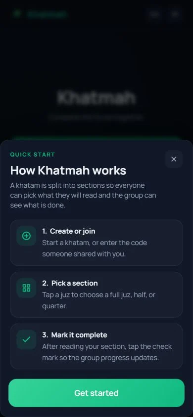 Khatmah’s mobile quick-start guide explaining how to join, select a section, and mark it complete