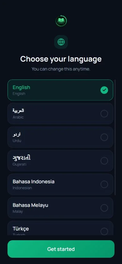 Khatmah on a phone, asking readers to choose their language before getting started